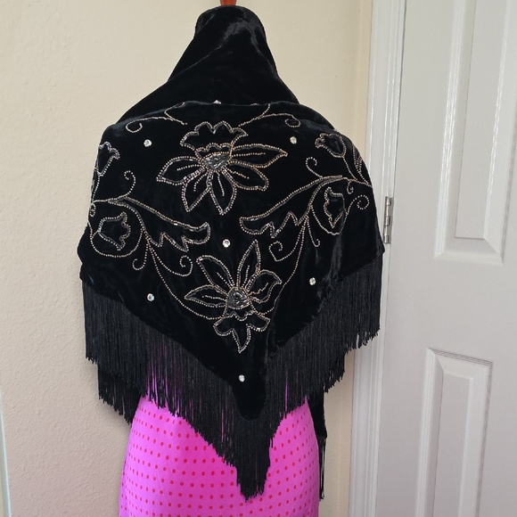 Vintage Accessories - Vintage Black Velvet Beaded Shawl with Embroidery, Rhinestones and Fringe